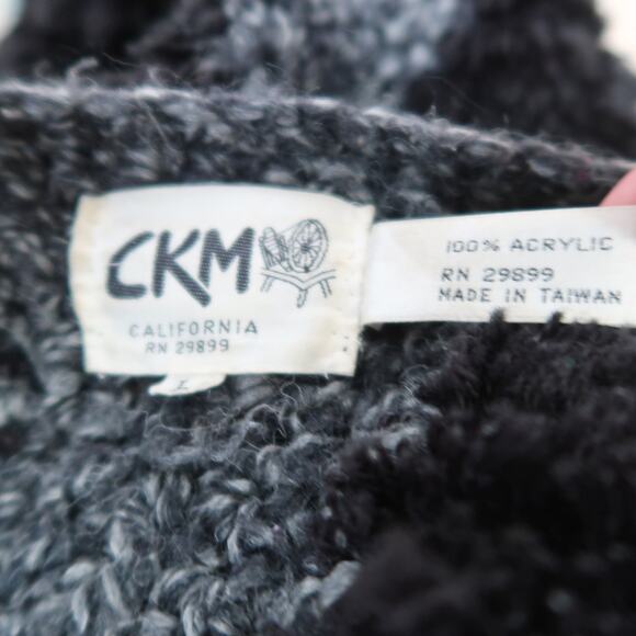 Vintage 80s grey and fuzzy black knit stripe cardigan sweater L - Picture 7 of 8